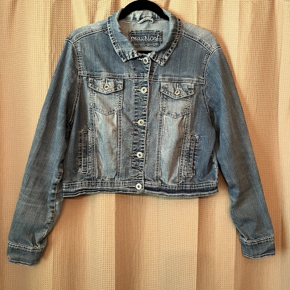 Maurices Denim Trucker Jacket Womens XLarge Blue Jean Coat Distressed Y2K Style - Picture 1 of 4